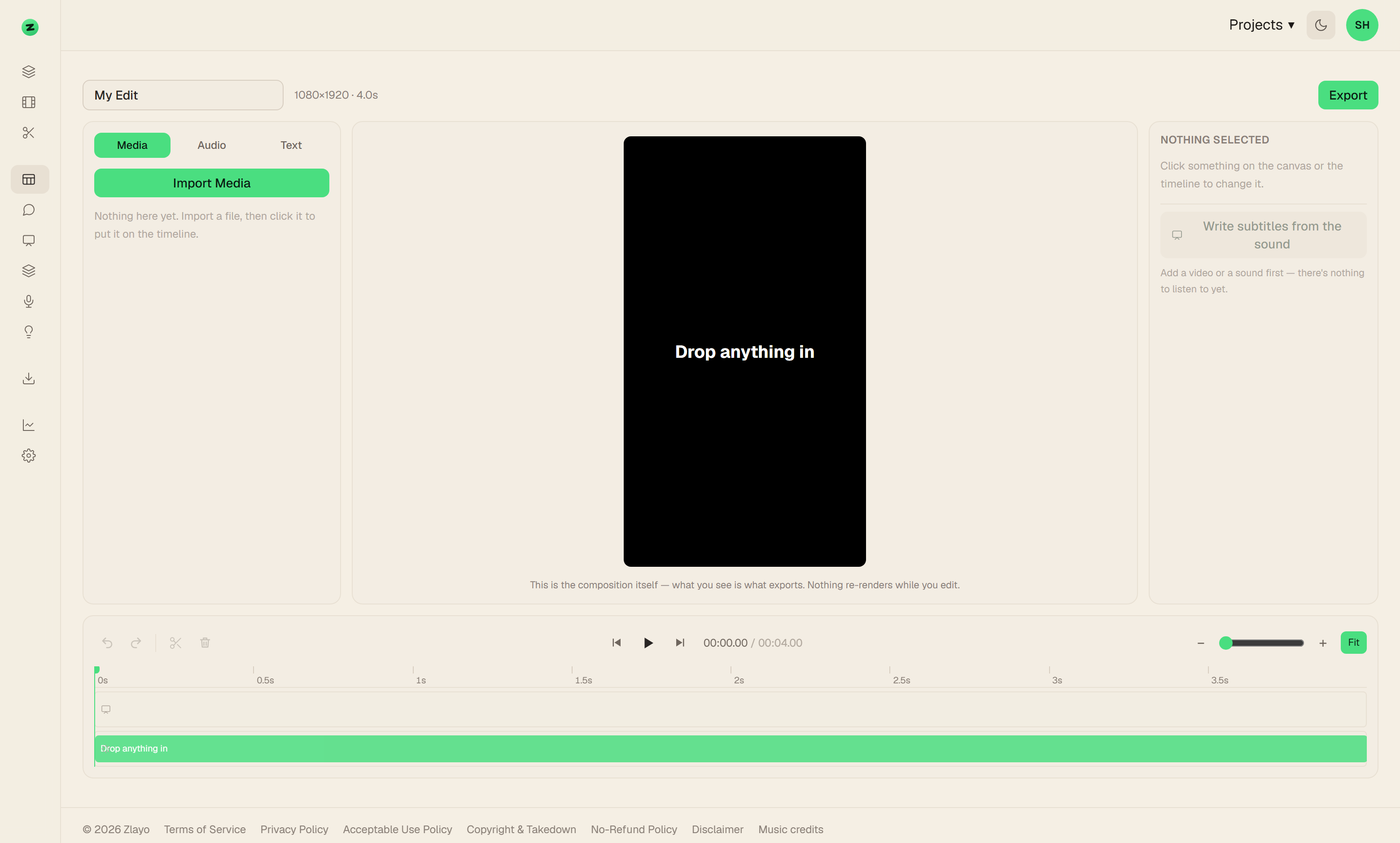 The Zlayo editor: library on the left, the composition in the middle, the inspector on the right, timeline underneath